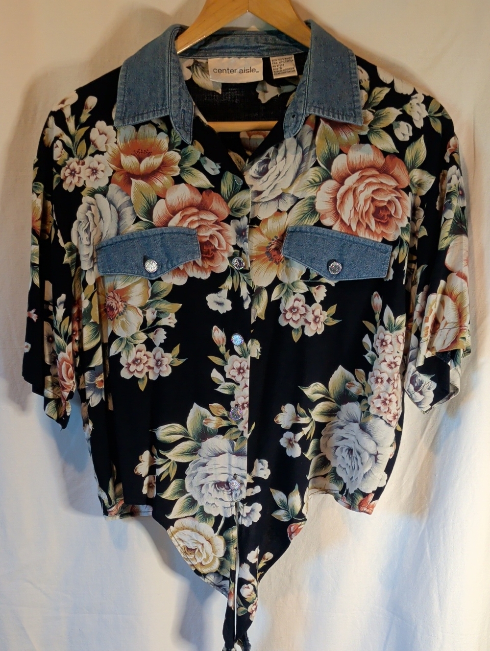 Center Aisle Black Floral Tie-Front Shirt with Denim Trim